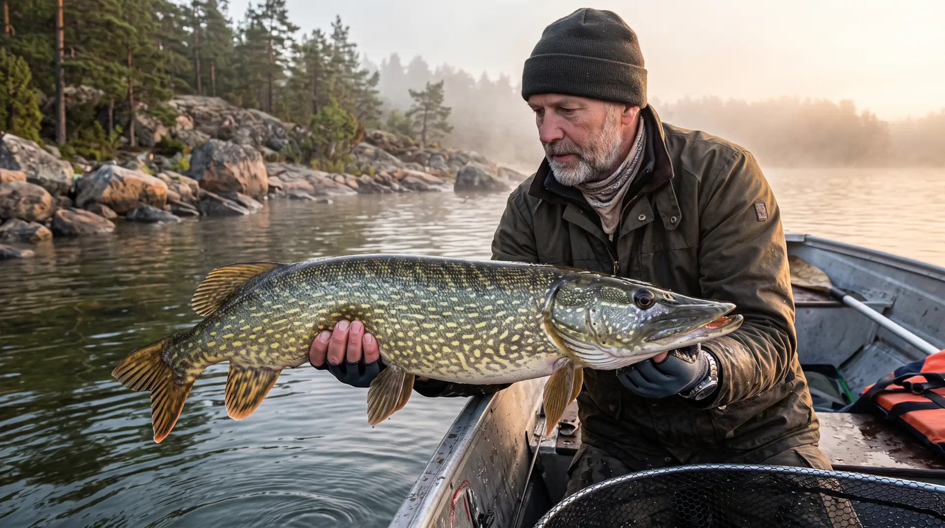 Angler handling a trophy northern pike in cold European waters.