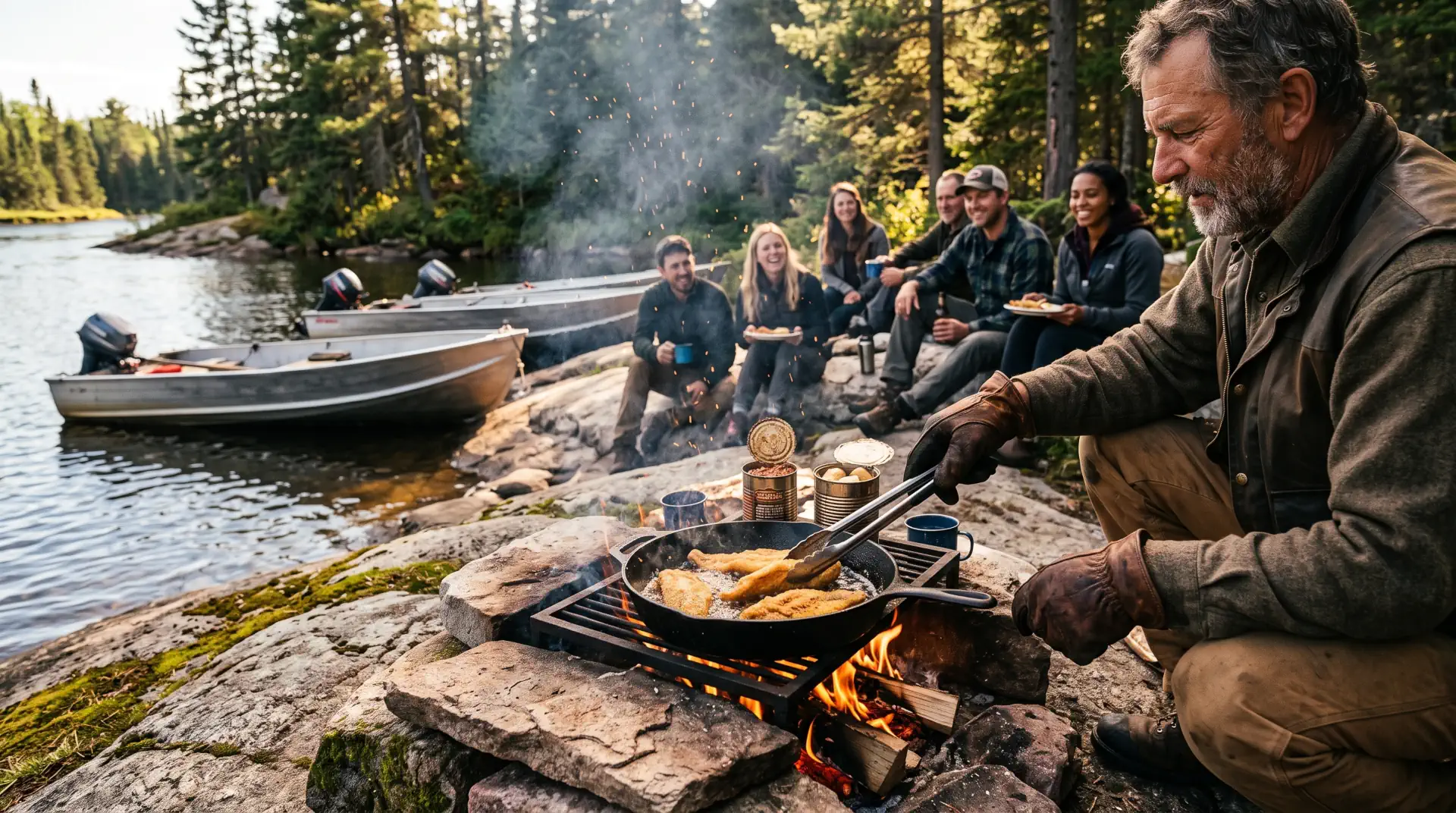 Traditional Canadian Shore Lunch Experience in Manitoba Fresh walleye fillets frying over an open campfire skillet during a Canadian shore lunch.