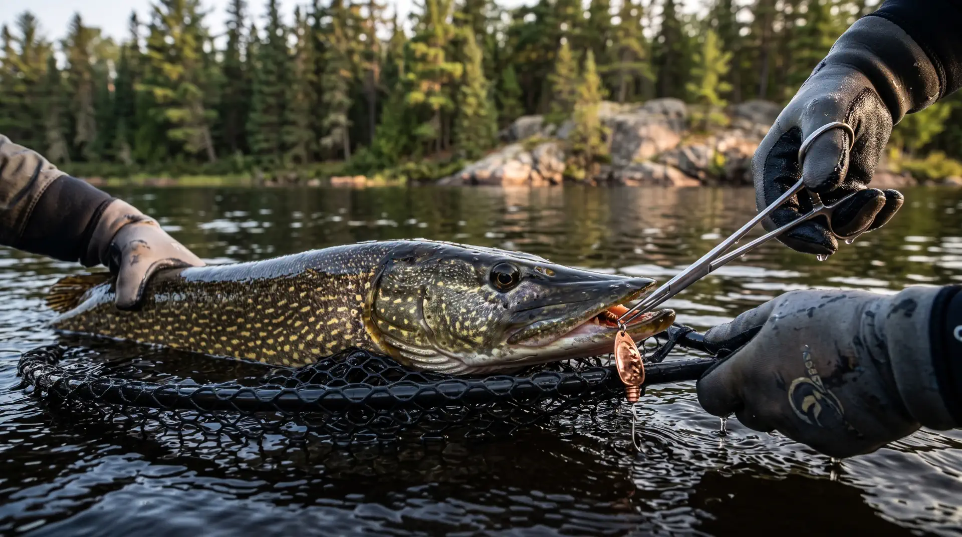 Trophy Northern Pike Release All-Inclusive Canada Fishing Trips Barbless hook removal and safe horizontal release of a giant Northern Pike on an all-inclusive Canada fishing trip in Manitoba.