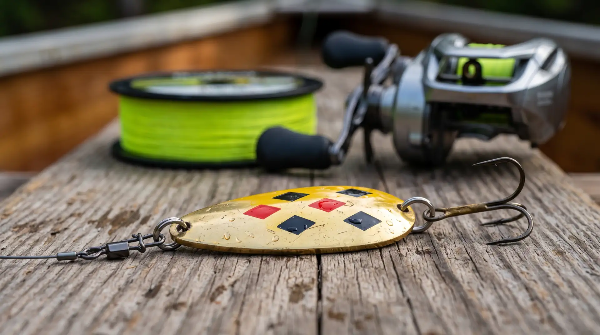 Close-up of heavy brass spoon rigged with a 40-pound single-strand titanium wire leader and cross-lock snap.