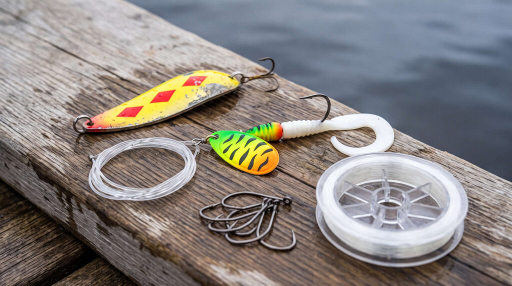 A detailed close-up view of essential freshwater fishing gear arranged on a weathered wooden dock plank near water. The collection includes a vintage yellow and red Daredevle-style spoon lure with diamond patterns, a vibrant green tiger-striped spinnerbait lure, a white curly-tail soft plastic grub lure attached to a single hook, multiple loose single bait hooks, a coil of clear monofilament leader, and a clear plastic spool of fishing line. This selection of tackle is well-suited for targeting large predatory fish like Northern Pike.