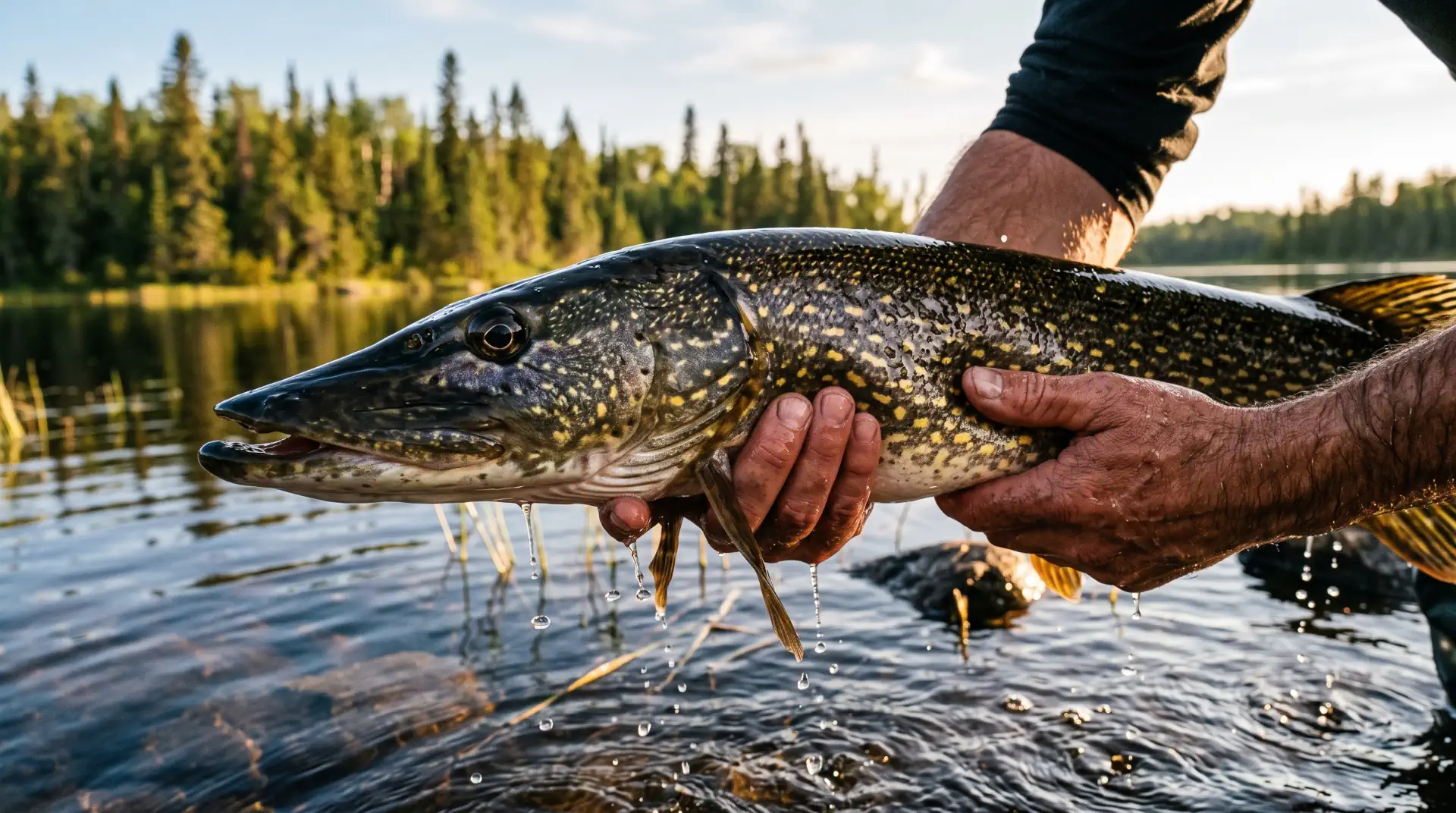 Catch and Release Fishing Tips Horizontal Pike Hold A large Northern Pike being held horizontally above cold water following proper catch and release fishing tips.