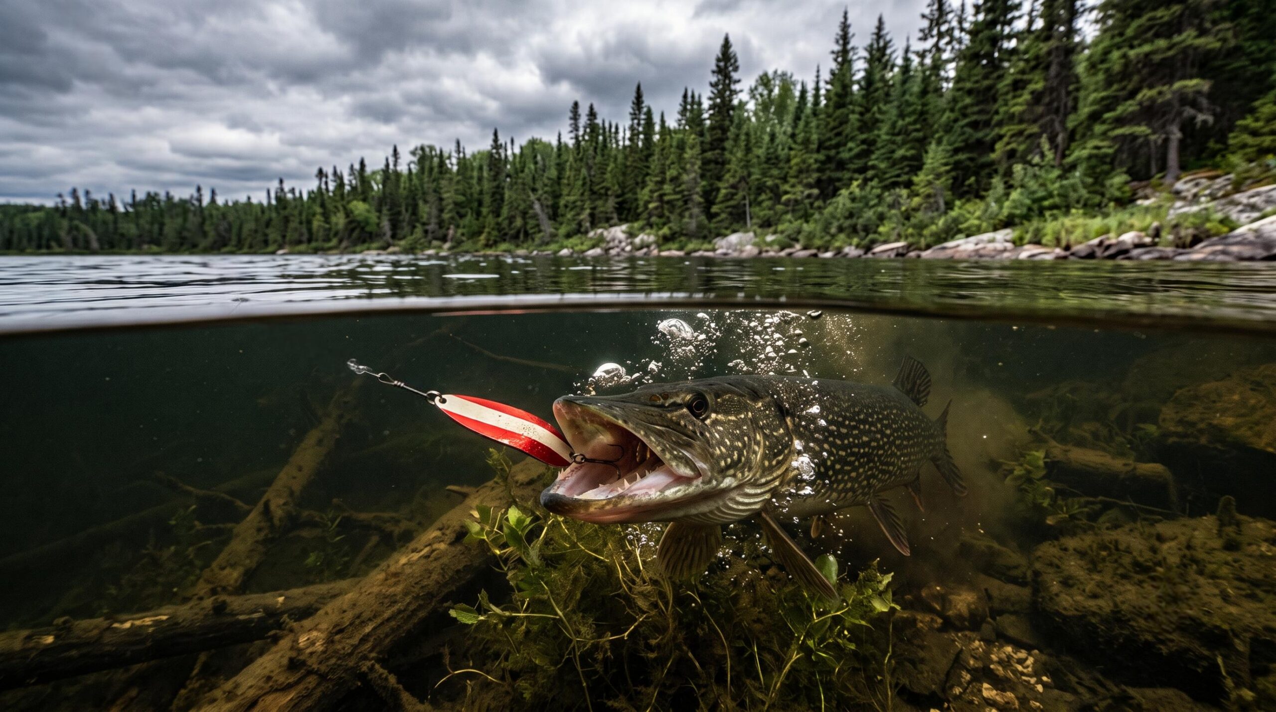 Split-view of a Northern Pike underwater striking a red-and-white lure, with a boreal forest above water.