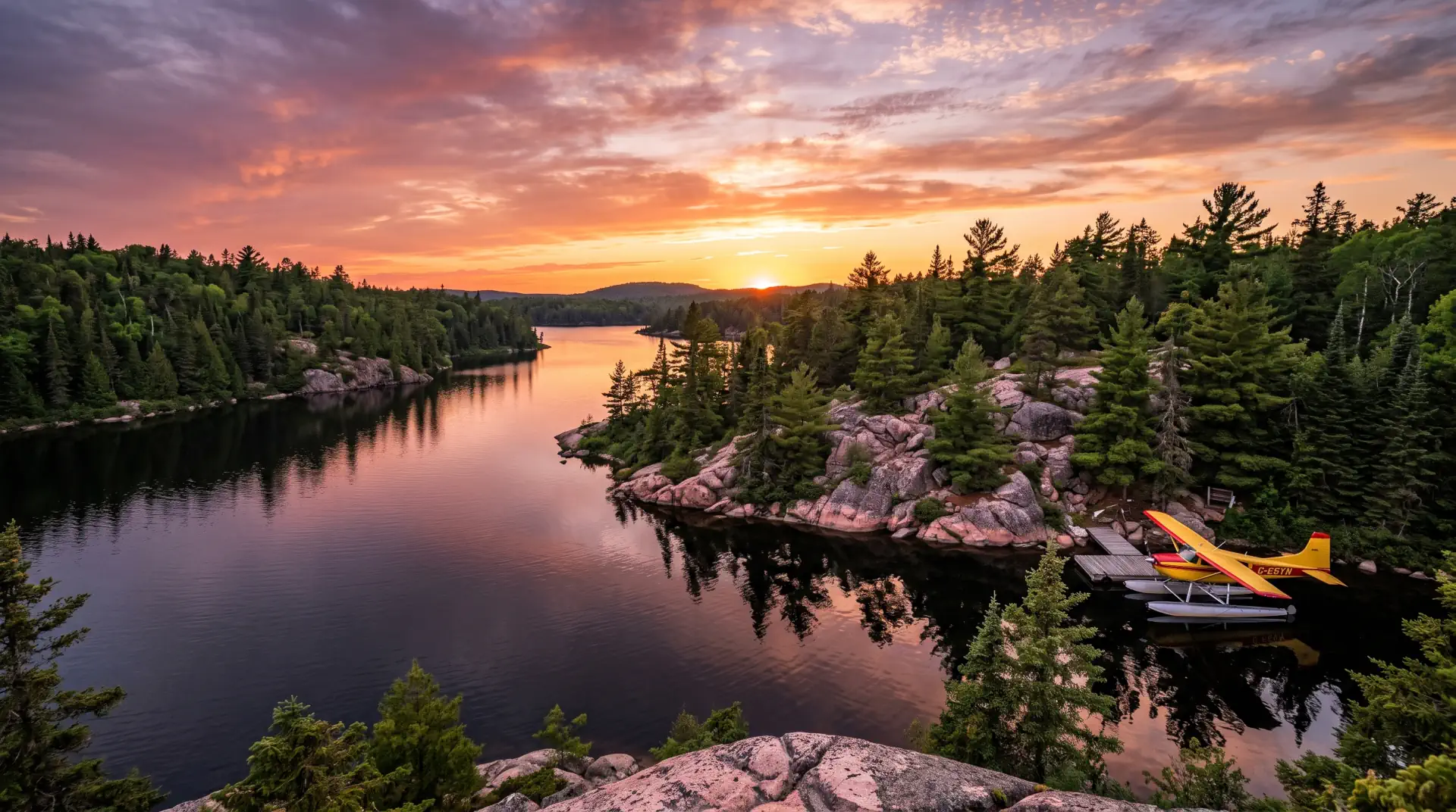 Reasons to Fish Canada Canadian boreal river lake at sunset with floatplane docked along pine tree shoreline.