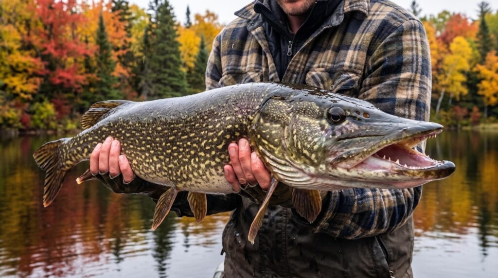 A close-up photograph of a fisherman in a plaid shirt holding a massive Northern Pike on a scenic Canadian lake during the autumn season. The image captures the trophy fish's large head and spotted body, with a background of vibrant fall foliage and a calm lake, showcasing a successful fishing adventure in Canada.