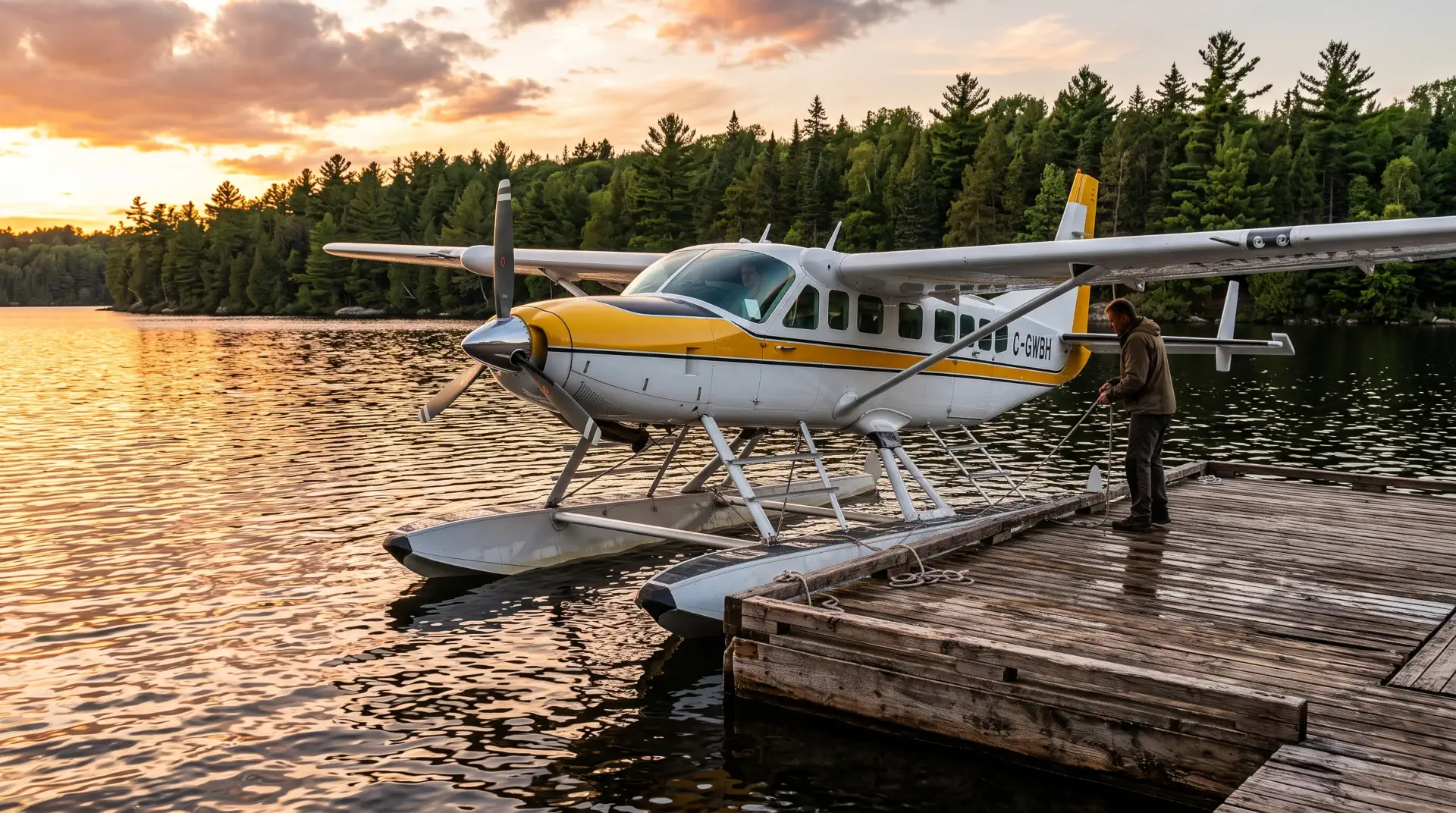 Floatplane moored to a rustic wooden dock on a remote lake during the ultimate Canadian fishing experience.