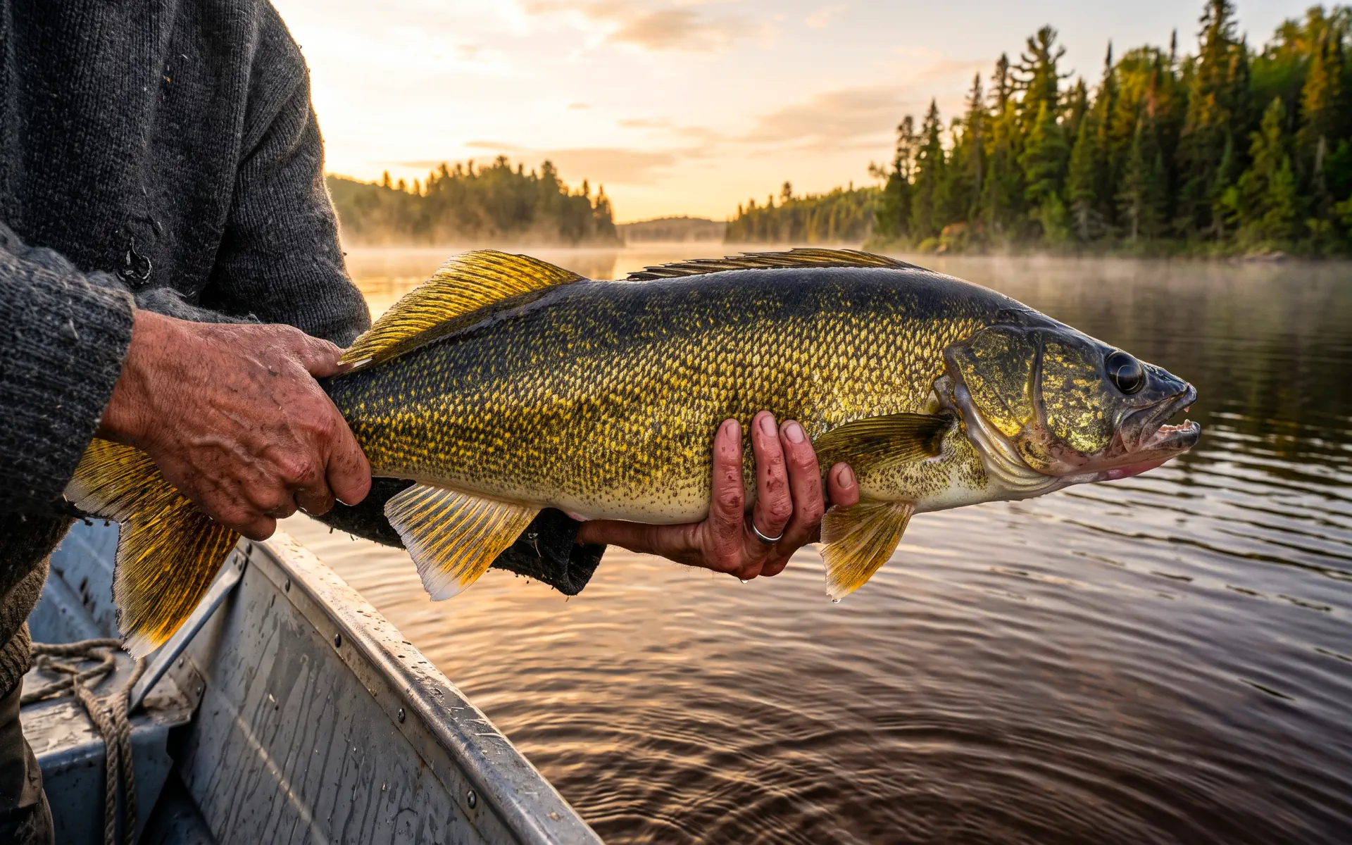 Weathered hands of a fishing guide holding a large golden-green trophy Walleye horizontally over mist-covered lake waters at dawn.