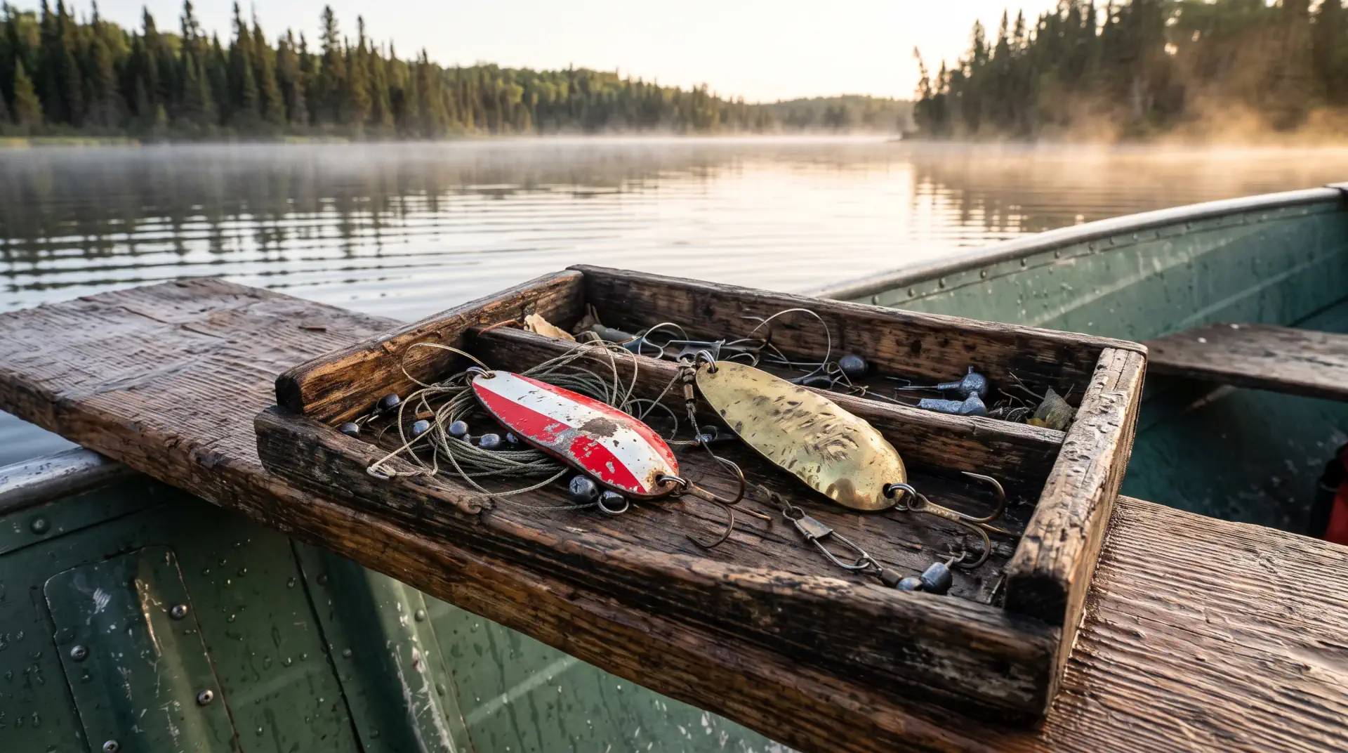 Collection of top-performing metal pike lures and spoons resting in a wooden tackle tray at sunrise.