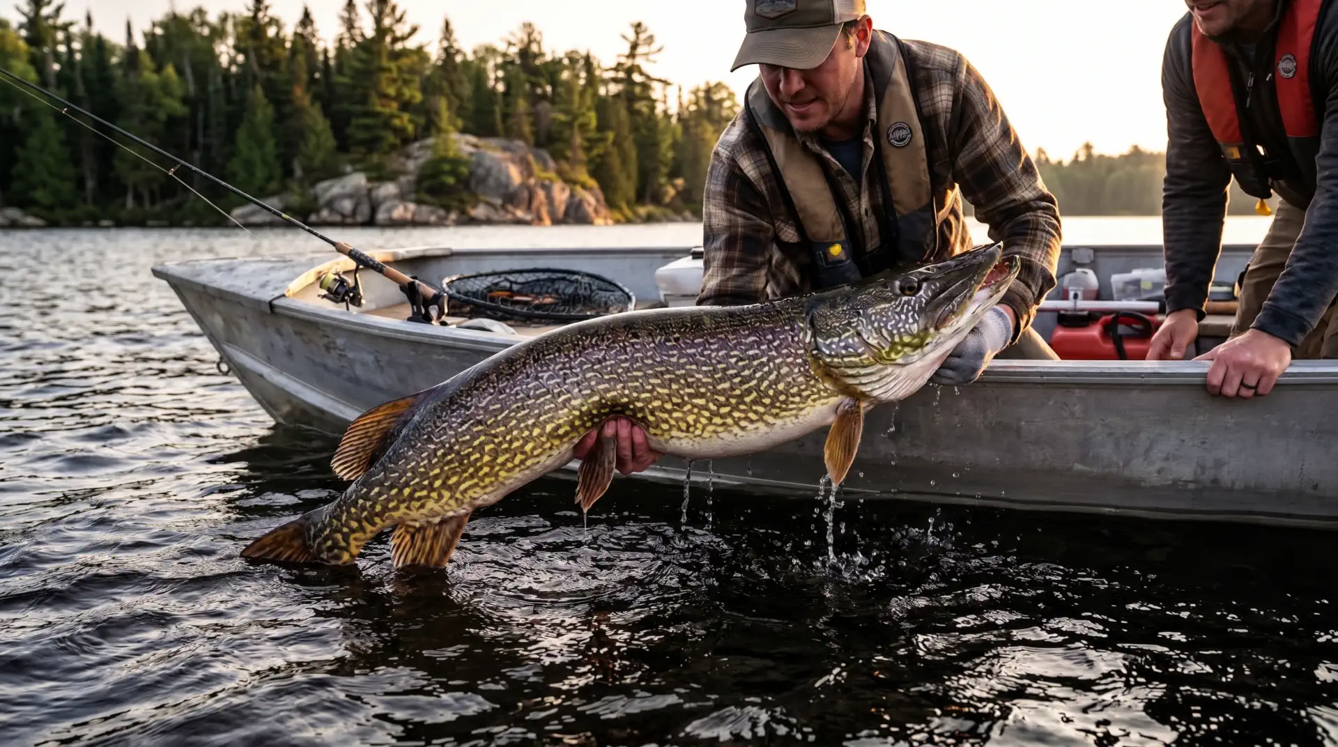 Northern Pike Fishing Tips Canadian Wilderness A trophy northern pike held horizontally in clear lake water alongside a fishing boat using northern pike fishing tips.