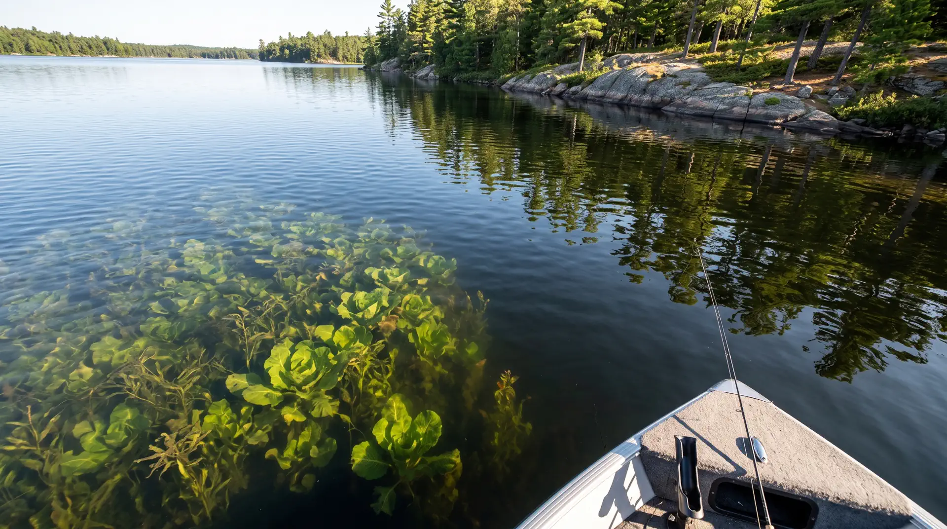 Underwater cabbage bed edge along a Canadian rocky point ideal for northern pike fishing ambushes.