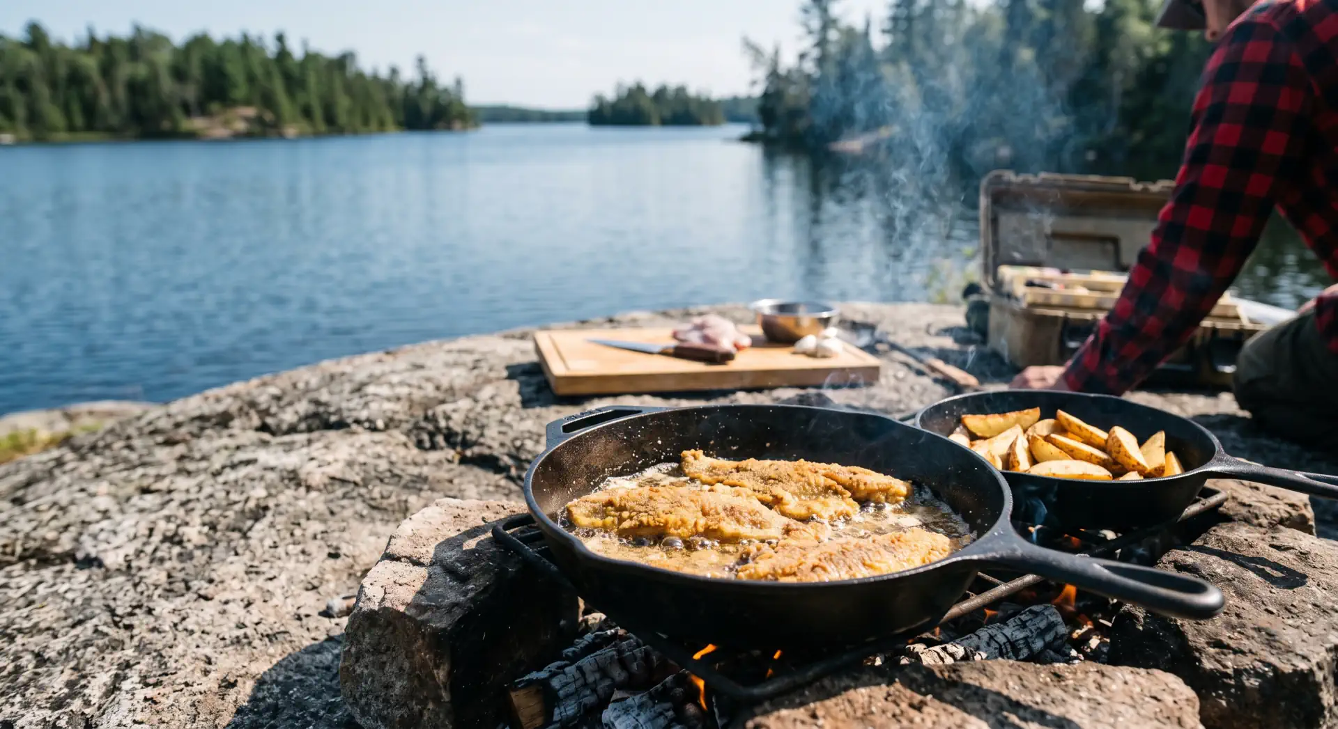 A traditional open-fire shore lunch cooking fresh fish on a rock point during Canada fishing trips.