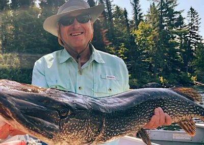 A smiling angler wearing a sun hat and sunglasses holding a massive trophy Northern Pike horizontally in a boat with a pine-forested shoreline in the background at Cobham River Outpost.