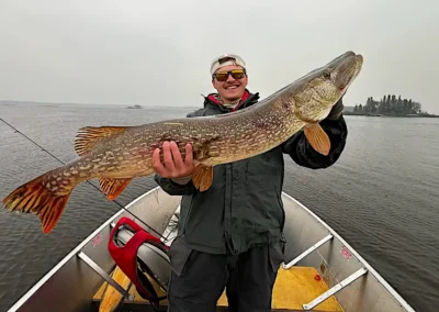 A smiling young male angler in a dark jacket and backwards cap standing in a boat while holding a massive trophy Northern Pike horizontally over calm open water at Cobham River Outpost.