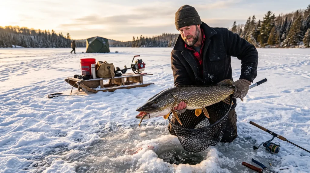 mastering-pike-fishing Angler landing a trophy northern pike through an ice hole during winter sunrise.