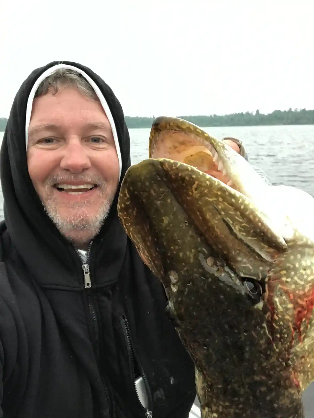 Angler holding a giant Northern Pike close to the camera lens, emphasizing the large head and teeth in Manitoba.