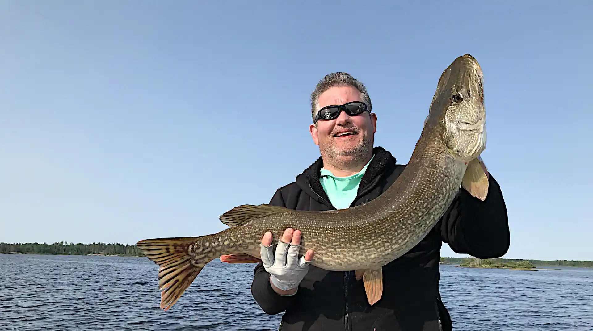A smiling man wearing sunglasses and a black jacket standing on a boat, proudly holding a massive Northern Pike with gloved hands under a clear blue sky at Cobham River Outpost.