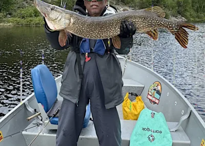 Fisherman wearing a jacket holding a thick Northern Pike with autumn trees in the background in Manitoba.