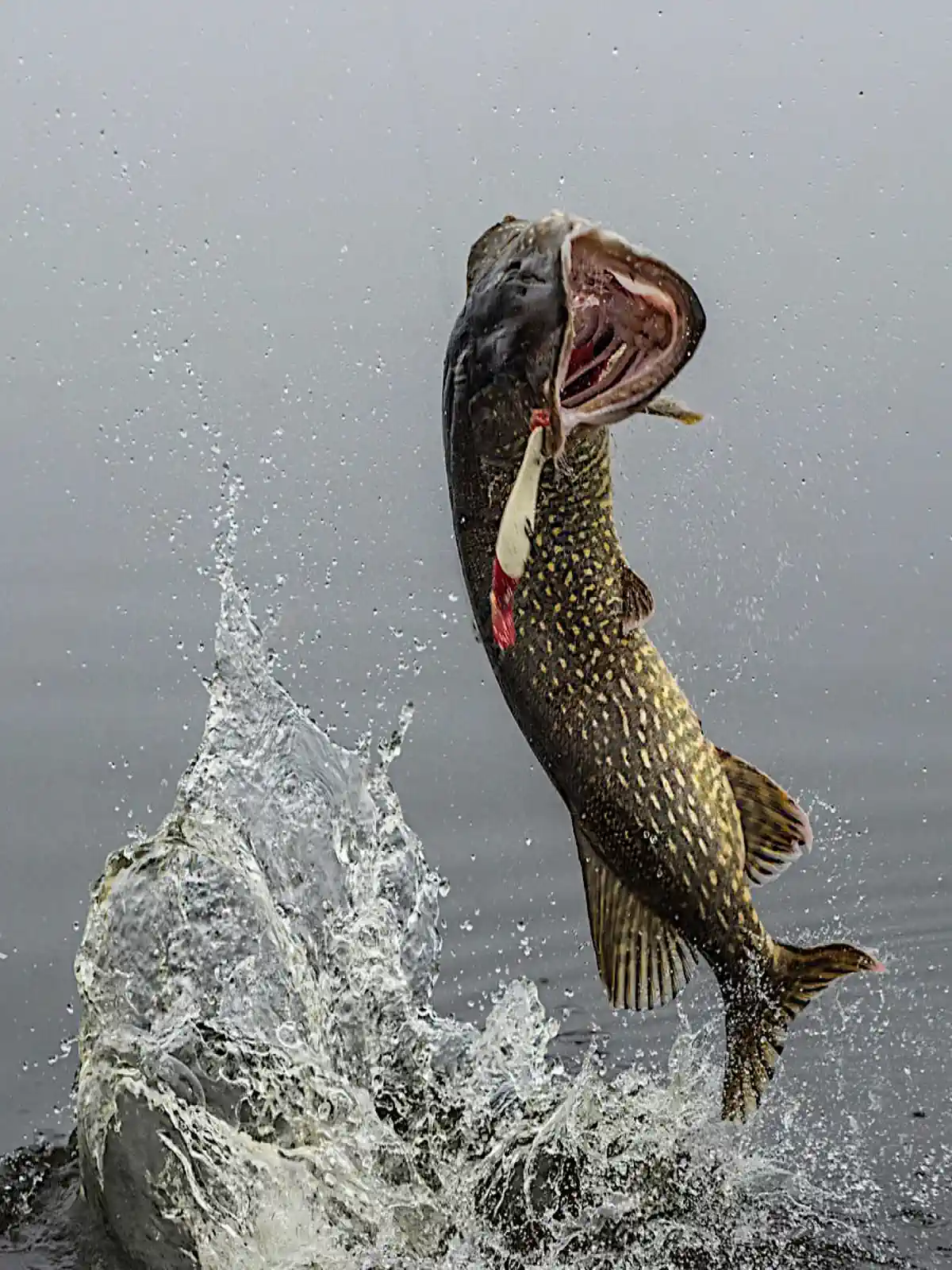 Action shot of a Northern Pike aggressively jumping out of a lake with a huge splash of water.