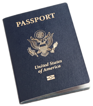 US Passport for Travel to Cobham River Lodge A dark blue United States of America passport with gold lettering and the Great Seal on the cover, isolated against a white background.