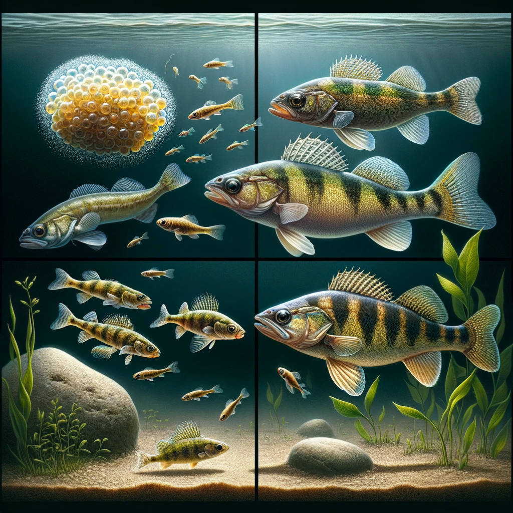 A life cycle diagram of walleye, from spawning to maturity.