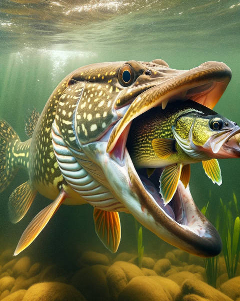 A northern pike, with its mouth open, is capturing a golden walleye. Walleye Growth Rates
